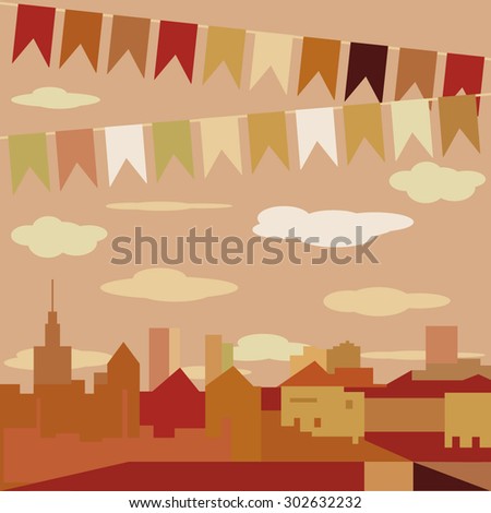 Flat Design City Vector Illustration. Sunset. Architecture, skyline, flat design. city on the river.bright night the background with colonial houses, lights and colored flags. Festival