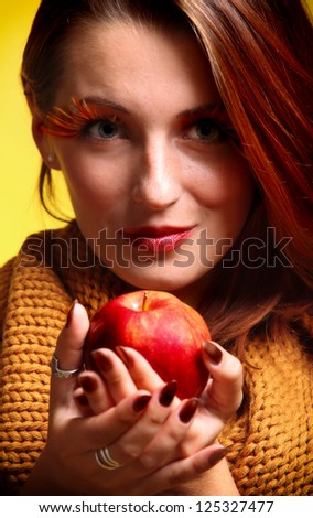 red apple woman in sepia fashion female, fresh girl glamour eye-lashes autumn colour