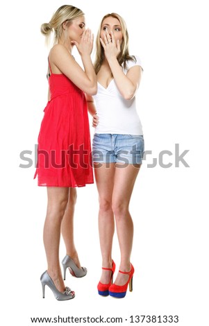 Gossip rumour - two women in full length. Woman telling secrets to your girlfriend, secrets spreading over white background