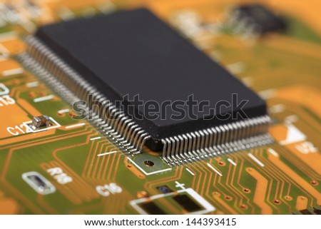 Printed Circuit Board with many electrical components, electronics computer part chip