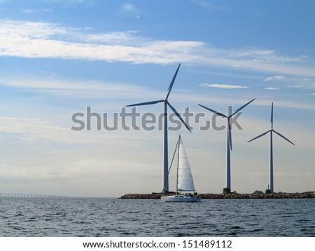 wind turbines power generator farm for renewable energy production along coast baltic sea near Denmark. Alternative green clean energy, ecology.