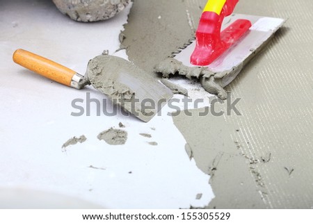 Home Improvement, Renovation Construction Notched Trowel With Cement Mortar For Tiles Work, Tile Floor Adhesive