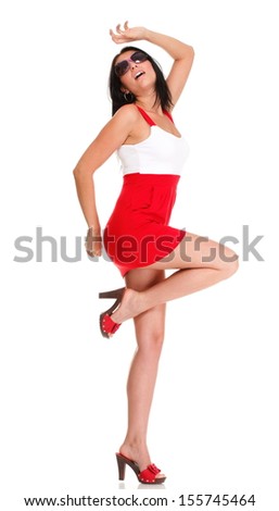 Happy surprised latin woman in red dress Isolated on white