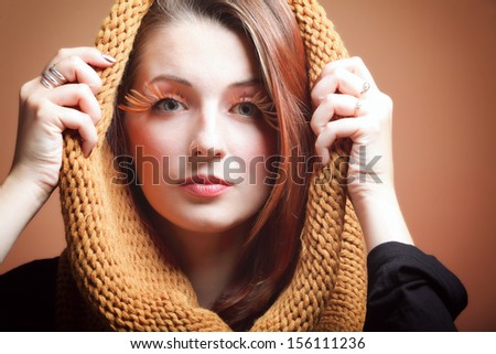 Autumn woman fashion female, fresh girl glamour orange false eye-lashes