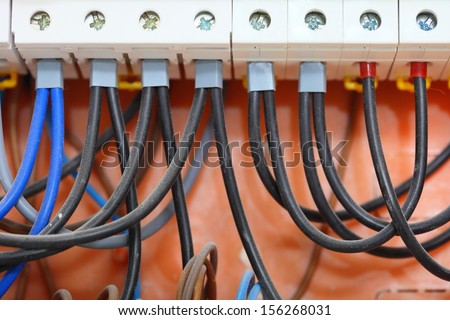 Electrical installation. Close up electrical panel electricity distribution box with wires fuses and contactors
