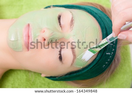 Beauty treatment concept. Woman relaxing in spa salon. Cosmetician applying clay facial mask at female face. Body care healthy lifestyle.