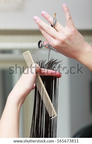 Close-up of hairdresser hands. Hairstylist with comb and scissors cutting hair of female client. Woman in hairdressing beauty salon.