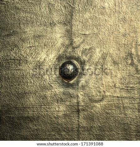 Closeup of grunge gray grey metal plate with rivet screw as background or texture. Square format.