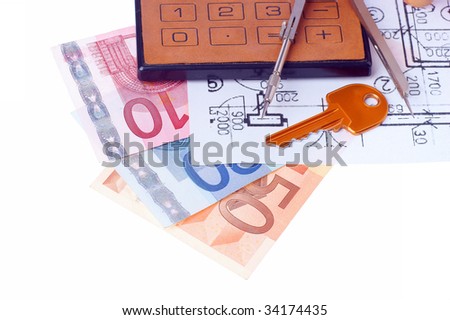 brown calculator, compass, project, Piggy bank and euromoney, bill