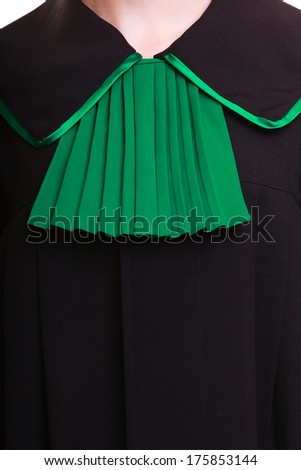 Law court or justice concept. Closeup of lawyer attorney classic polish (Poland) black green gown.