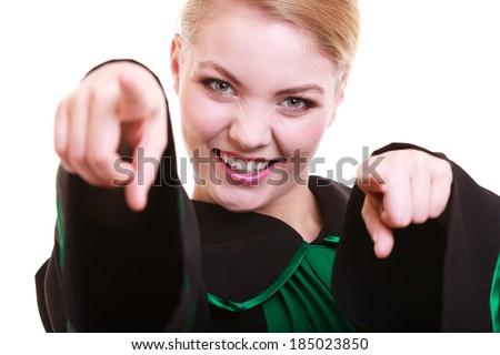 Law court or justice concept. Happy young woman lawyer attorney wearing classic polish (Poland) black green gown celebrating success victory, point finger at you isolated on white background