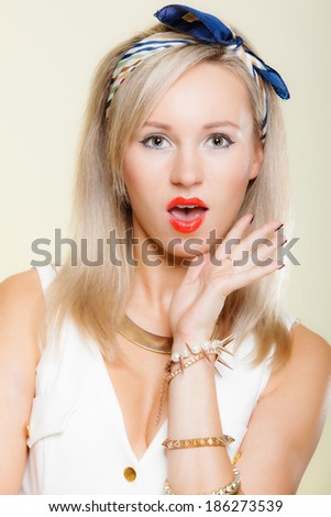 Surprised astonished woman face, blonde girl retro style open mouth facial wow expression