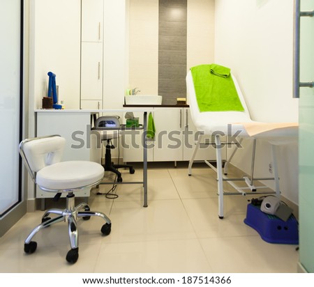 Interior of healthy beauty spa salon. Modern equipment in treatment room. Luxury relax therapy.