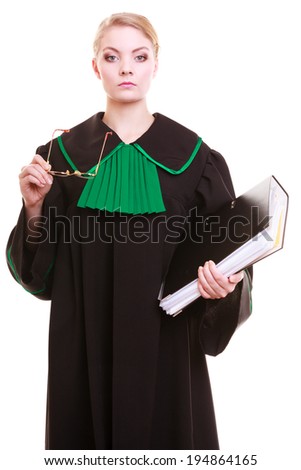 Law court or justice concept. Young woman lawyer attorney wearing classic polish (Poland) black green gown with file folder or dossier isolated on white background