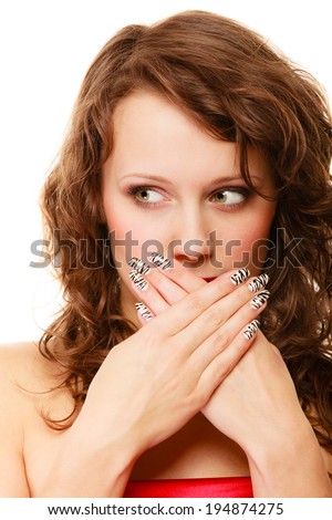 Speak no evil concept. Surprised scared woman face, girl covering her mouth with hands over white background
