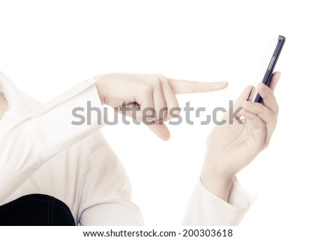 Technology and business communication. Finger of businesswoman rejecting call. Smartphone cell phone in female hand isolated on white.