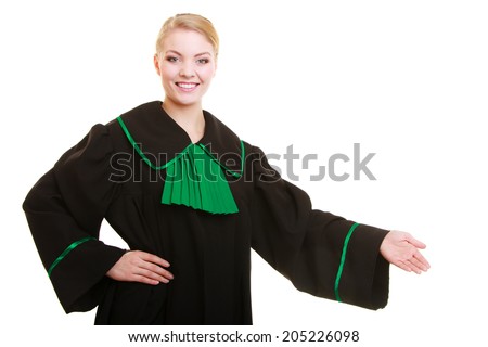 Law court or justice. Woman lawyer wearing polish (Poland) gown inviting making welcome hand sign gesture isolated on white