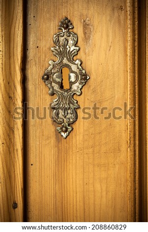 Architectural detail in retro style. Closeup of vintage wooden door with metal ornament as background.