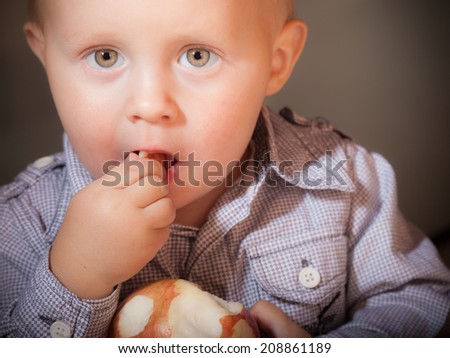 Happy childhood and healthy food. Portrait of cute baby boy child kid eating red apple seasonal fruit.