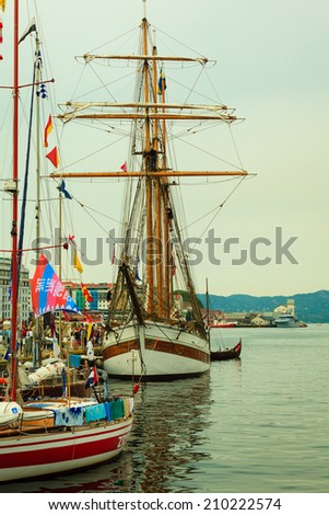BERGEN, NORWAY - JULY 25, 2014: Sailing ships participating in The Tall Ships Races in the harbour on July 25, 2014 in Bergen, Norway.