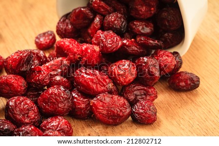 Healthy high fiber foods, organic nutrition. Close up dried cranberries cranberry fruit in bowl on wooden table.
