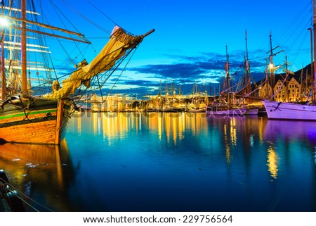 Sailing ships in the harbour during the tall ships races Bergen, Norway. Night view