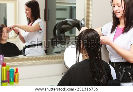 Young woman in hairdressing beauty salon. Hairstylist cutting hair of female client. Girl changing hairstyle.
