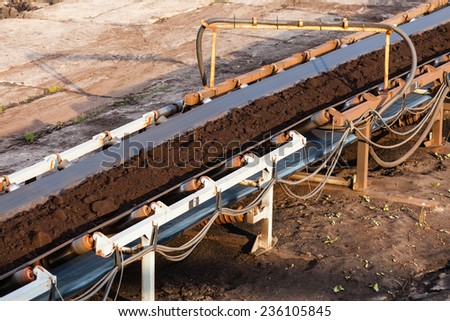Open pit. Opencast brown coal mine. Belt conveyor as industrial detail.