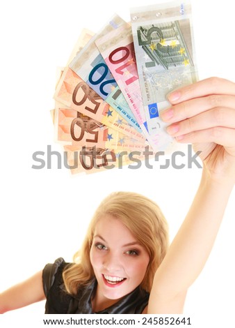 Rich happy blonde business woman showing euro currency money banknotes. Economy, finance and business work.