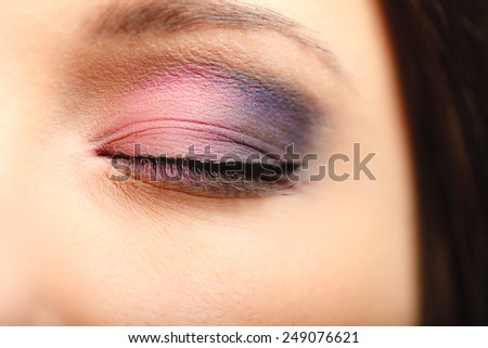 Cosmetic beauty procedures and makeover concept. Closeup part of woman face makeup detail. Eye with color eyeshadows