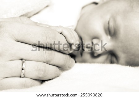 parenting and love concept. Closeup tiny hand the sleeping baby girl in the palm of mother. Black white photo