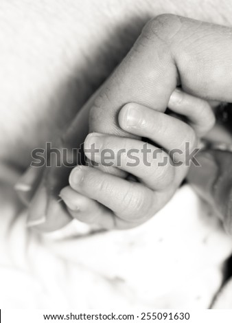 Parenting and love concept. Closeup newborn baby holding his mothers finger. Square format, black white photo