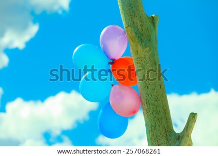 Concept of love in summer, freedom and wedding honeymoon. Colorful balloon chain in the sky outdoor