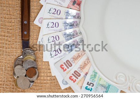 Cost of living, price of food and eating wealth concept. British money on kitchen table, plate spoon with coins and banknote