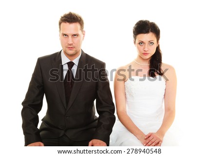 Bad relationship concept. Married couple problem, indifference, depression and discord. Man woman in disagreement isolated on white.