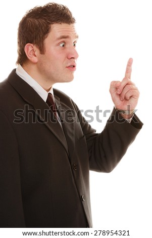 Angry mad businessman boss. Furious teacher man shaking finger in scolding way, isolated on white. Stress in work. Bad emotion.