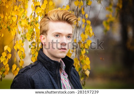 Fall season and people concept. Portrait of young stylish fashionable man in plaid shirt and jacket against autumn birch trees. Yellow leaves background