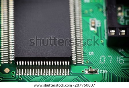 Printed Circuit Board with many electrical components, electronics computer part chip