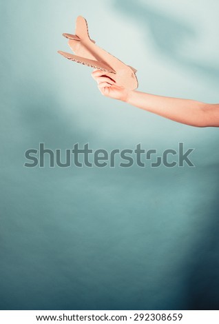 Flight travel or aerophobia concept. Female hand holding paper airplane, copy space for text