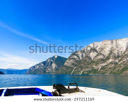 Tourism vacation and travel. Mountains and fjord Sognefjord in Norway, Scandinavia. View from boat