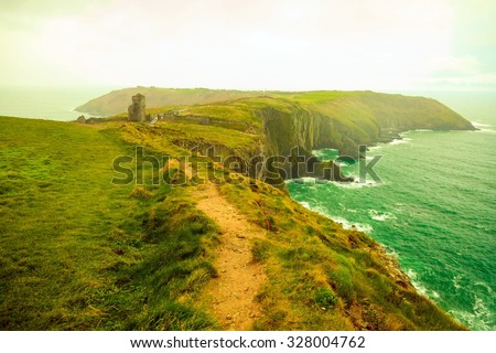 Irish landscape. Coastline atlantic ocean rocky coast scenery. County Cork, Ireland Europe. Beauty in nature. filtered.
