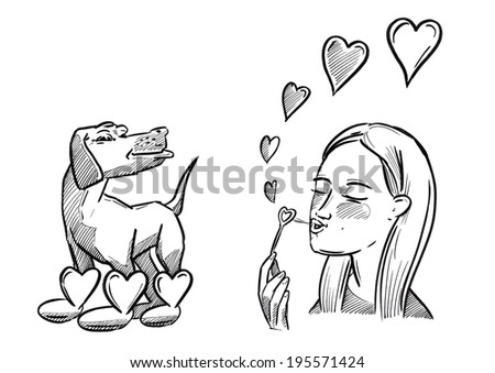 dog with heart shaped shoes and girl with soap bubbles in heart shape