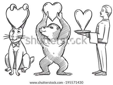 rabbit holding love heart on his head, gorilla holding love up high, waiter serving love on a plate