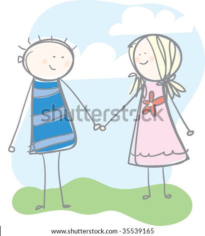 cartoon girl and boy holding hands. loose sketch holding hands