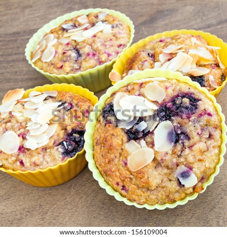 Home made healthy grain free berry muffins baked with nut flours and coconut flour. Baked in re-usable silicon forms.