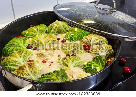 Traditional german food. Filled savoy cabbage with meat inside.