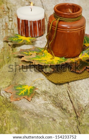 autumn still-life on wooden background to decorate Thanksgiving card
