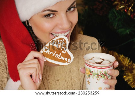 beautiful young woman with cookies in santa hat for Christmas or New Year holiday at home on brick background