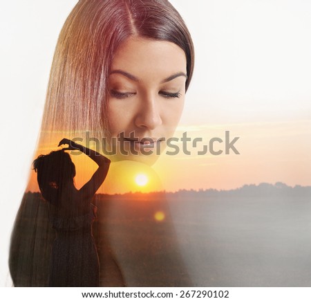 double exposure of beautiful woman and sundown evening glow, beauty concept