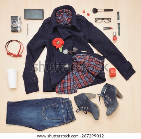 fashion stylish set of clothing and accessories for the fall, fashion concept